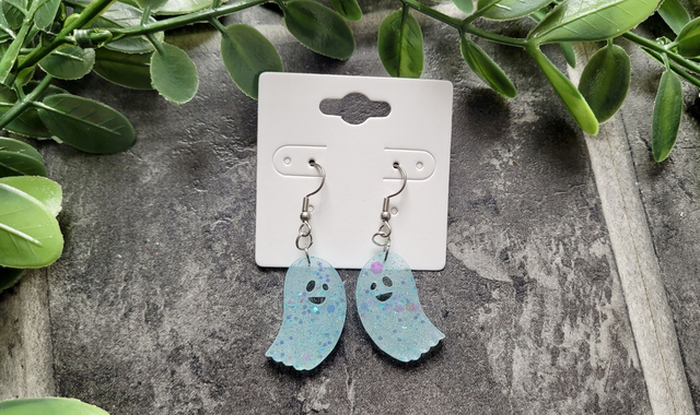 Earrings | Spooky Ghost Blue - White Glitter | Stainless Steel Hooks or Hoops