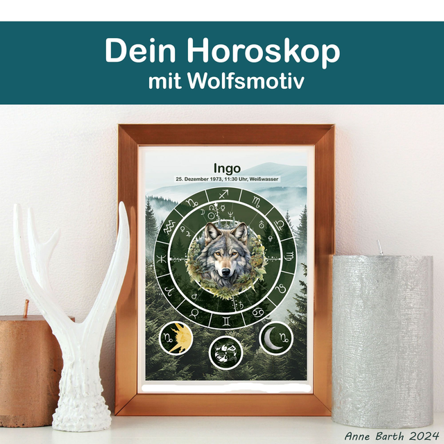 Dein Geburtshoroskop (Wölfe), personalisiert, verschiedene Motive und Größen
