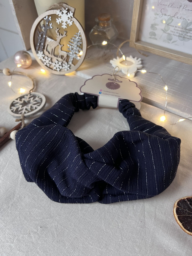 Bandeau croisé double gaze de coton bleu marine lurex silver