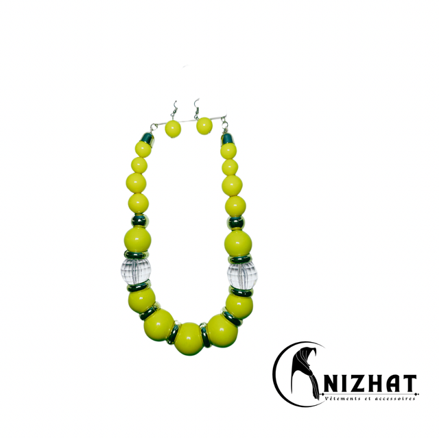 Ensemble collier de perles + boucles d'oreilles vert pour femme