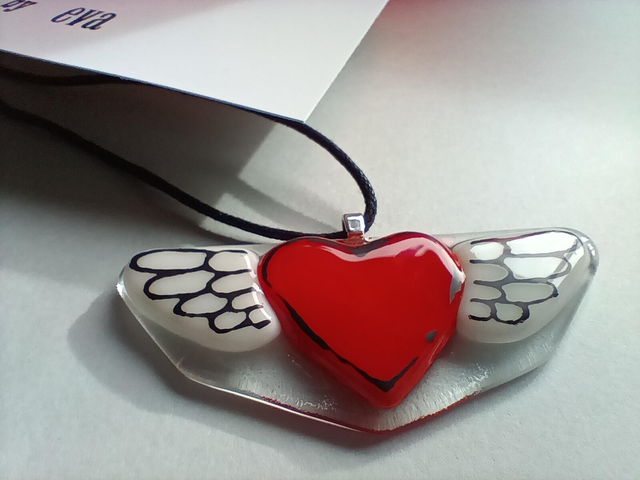 Fused glass Winged Heart pendant