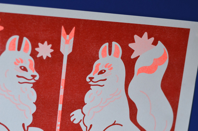Affiche imprimée en risographie Kitsune rouge