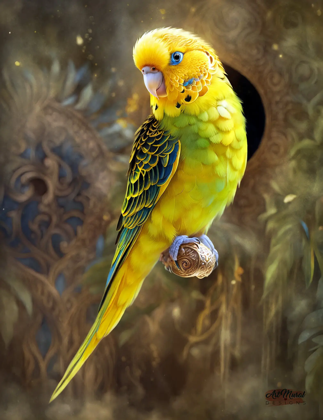 Tableau Perruche Jaune 🦜 | Art Mural Écologique & Design Tribal – Toile & Poster 🌿✨