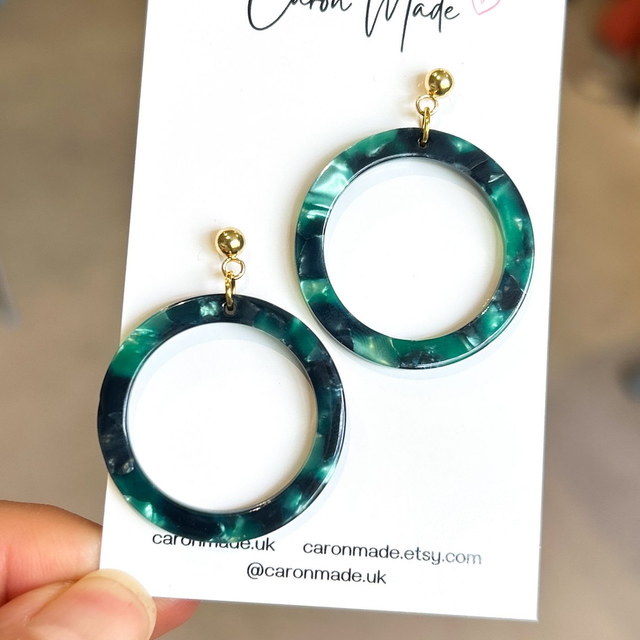 Green and gold acrylic circle earrings