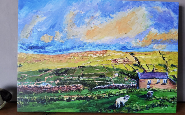 Post storm sunlight over Low Row and Whitaside Moor on 42x 30cm MDF. Art print. 