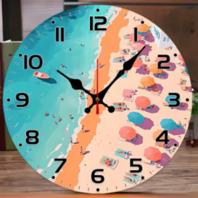 Ronde wandklok van hout Strandscene (25cm)