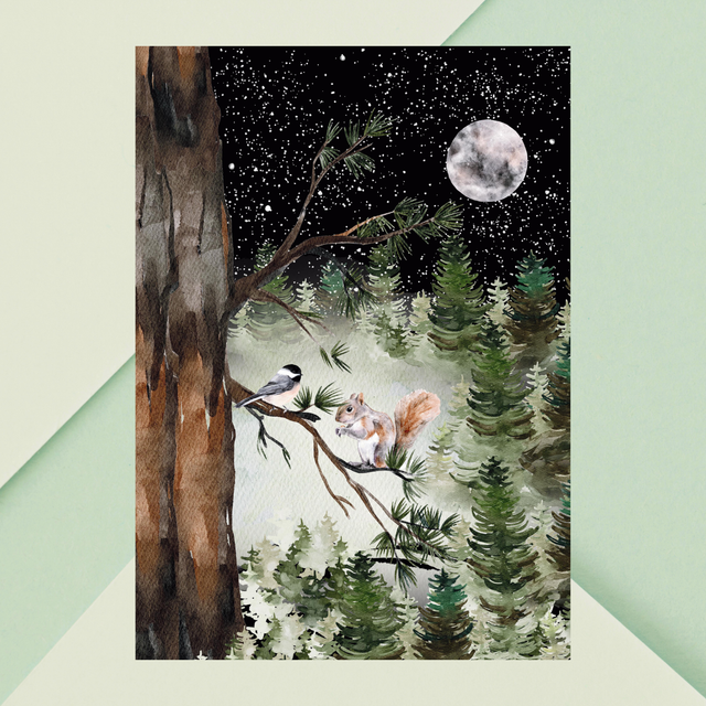 Harmonie : Rencontre d'un Écureuil et d'un Oiseau sous la Lumière de la Lune / Harmony: Squirrel and Bird Meeting under Moonlight Print