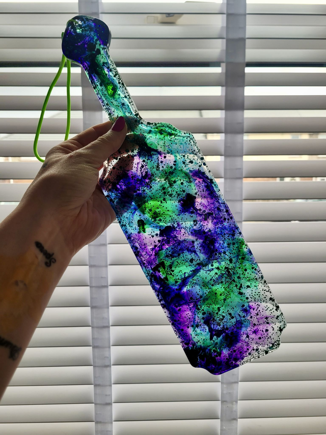 Handmade Resin Paddle – Green Purple Glitter Swirl with Neon Strap | Alt Decor or Kinky Gift