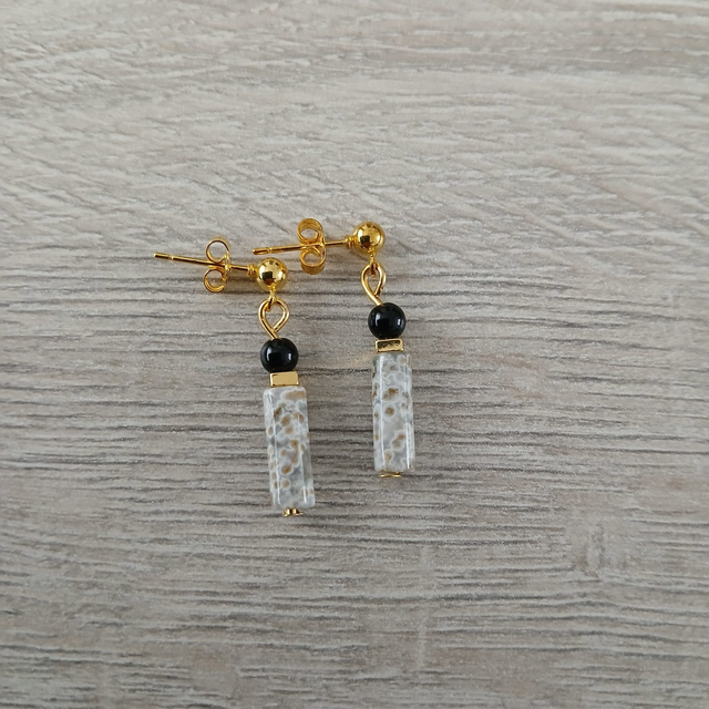 Oorbellen – Oceaan Jaspis &amp; Onyx – goudkleurig RVS (1.267)