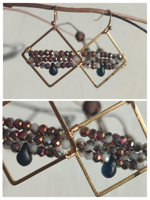 Boucles en verre aux jolis reflets mordorés, acier inoxydable doré,-sans nickel, pièce unique 