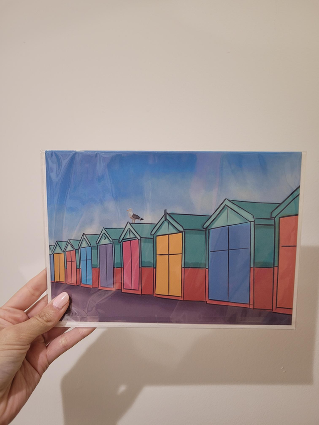 Beach Huts With Seagull Greetings Card (A5) - NW-020