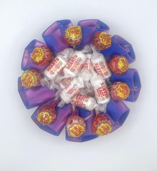 606. Heart shape bowl. 3D printed filled with love heart sweets and lollipops. 