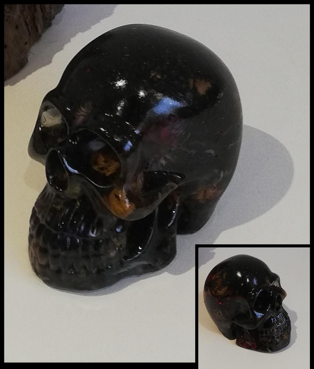 Crâne sable noir avec insertion de fleurs séchées