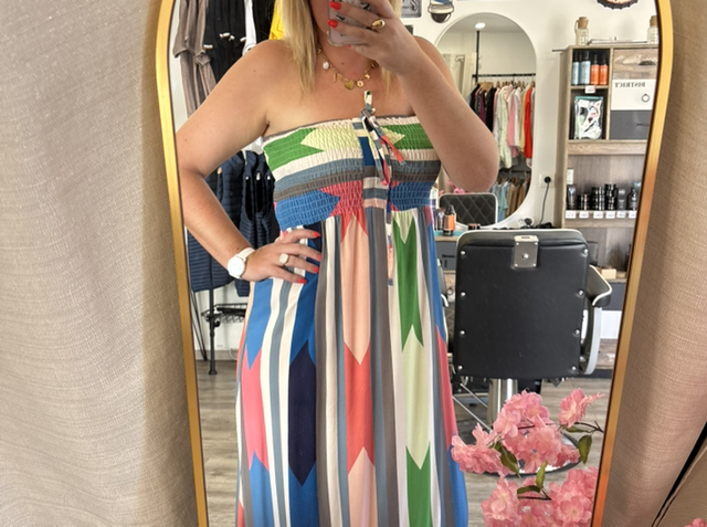 Robe longue bustier gris bleu rose vert 