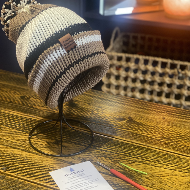 Funky Chunky Beanies Bobble Hat – Cappuccino Swirl – Handmade in Scotland