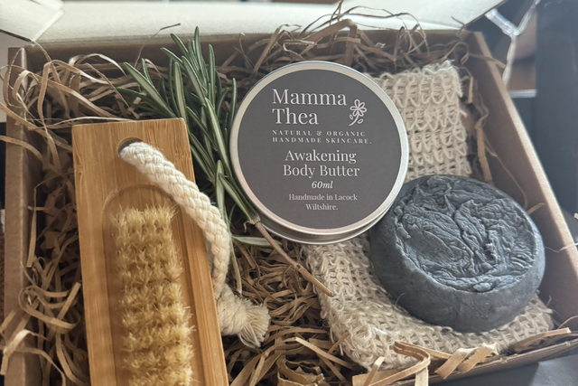 Gift Set - Nail Brush, Activated Charcoal Soap, 60ml Body Butter &amp; Soap Bag.