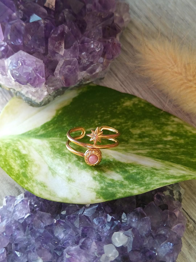 Bague ajustable acier doré, rhodonite