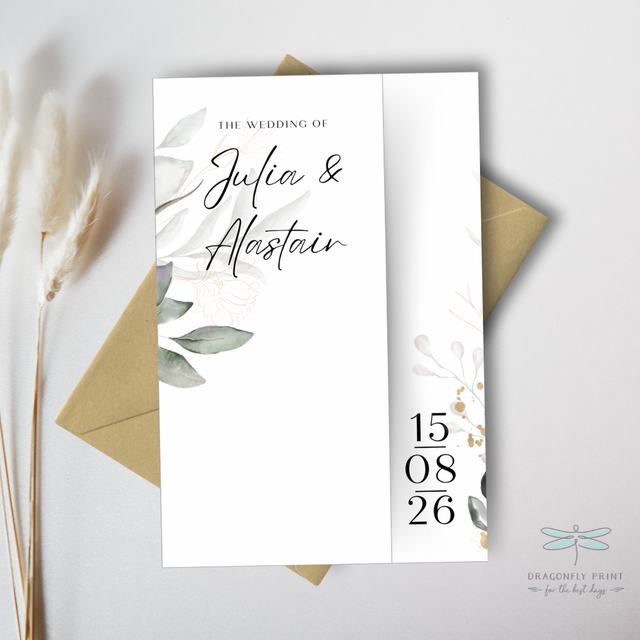 Gatefold Wedding invitation - Julia - sage greenery and touches of gold design