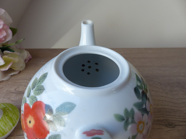 Théière en Porcelaine Anglaise – Motif Botanique Coquelicots et Papillons – Vintage Élégant pour Véranda ou Jardin d’Hiver