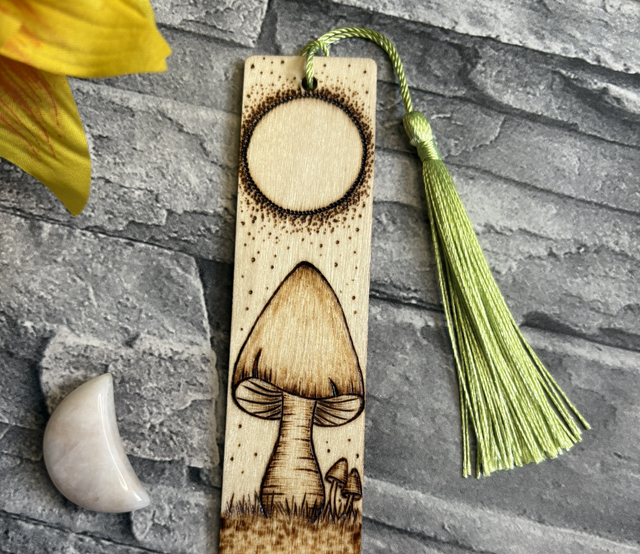 Mushroom &amp; moon bookmark. Pyrography art. Handburnt. 