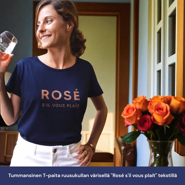 Tummansinen T-paita ruusukullan värisellä "Rosé s'il vous plaít" tekstillä