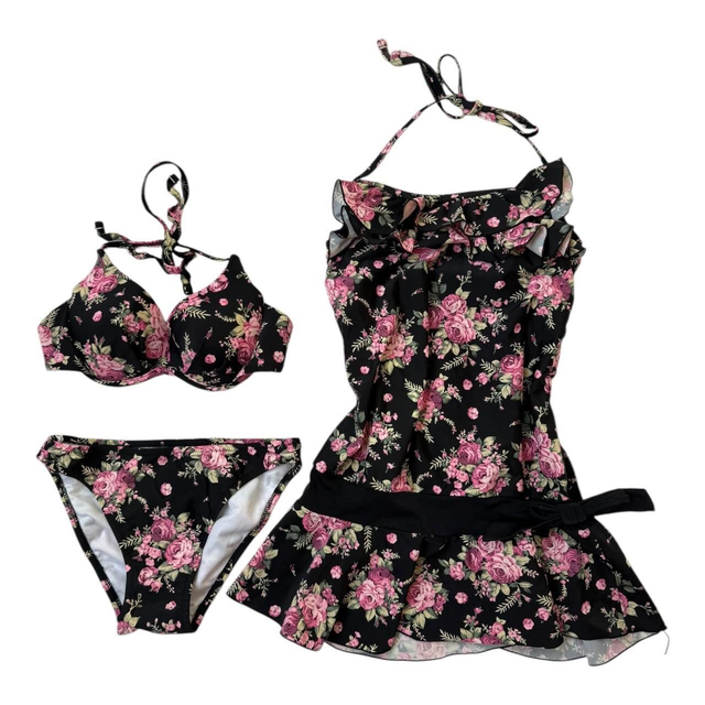 Black floral japanese 4 piece bikini set 