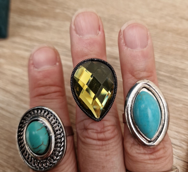 Lot 3 Bagues Réglables Argentées Turquoise Strass