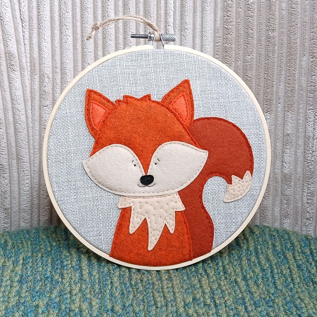Wildlife Range, hoop art. FOX DESIGN. Wall art. Hand-sewn. Grey background. 