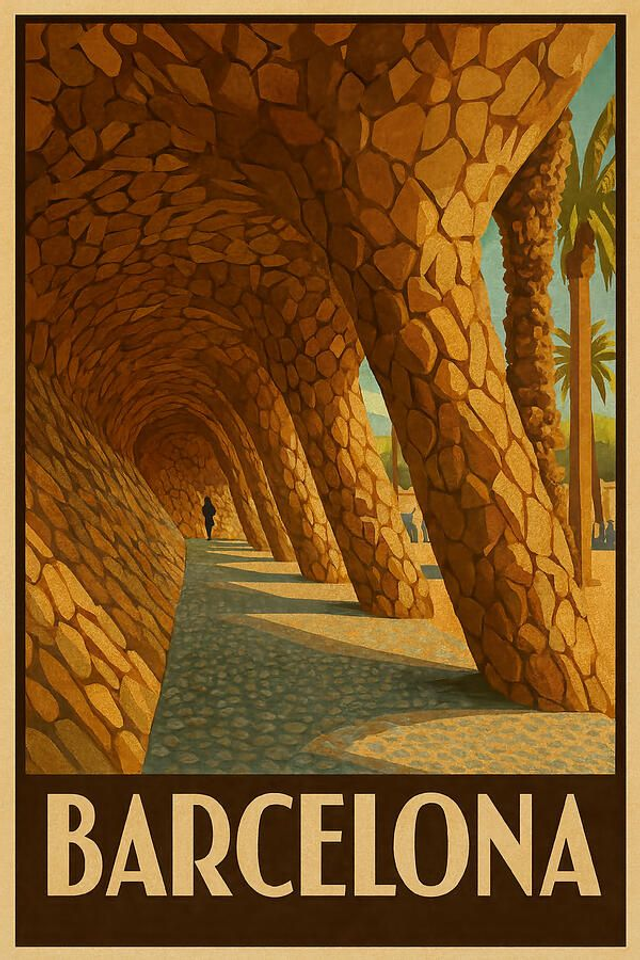 Póster vintage de viaje del Parque del Arco de Güell de Barcelona