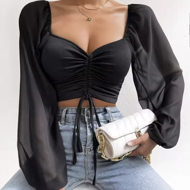 Crop manche transparente Noir