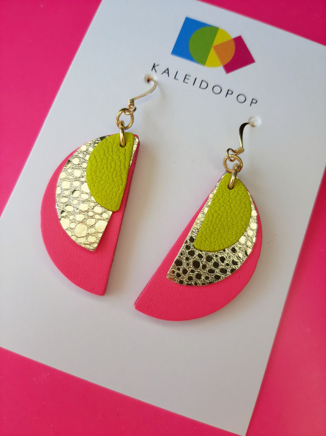 Semi circle drop earrings - pink / yellow