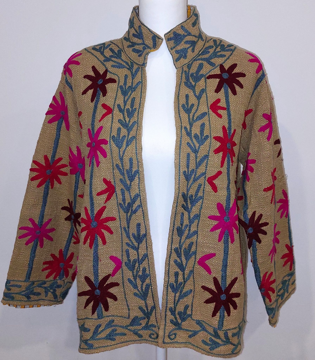 Veste réversible en coton TNT beige -  Brodée Suzani, fleurs - Doublure à rayures - Confectionnée à la main  