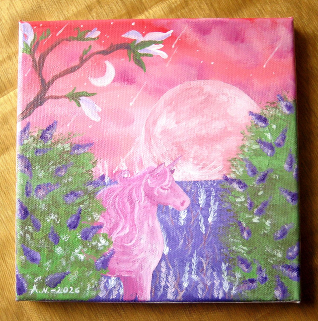 Yksisarvinen Auringonlaskussa -akryylimaalaus