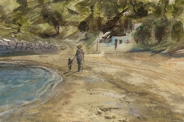 JuB28 A Walk on Lindos Beach by Julienne Braham,  Mixed media, Unframed