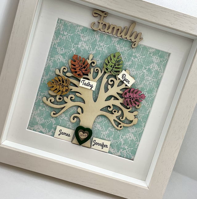 Wooden Family tree with colourful wooden leaves. Personalised.
