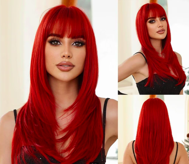 Rechte gelaagde synthetische pruik met pony (61cm) rood 