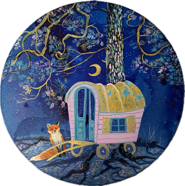 Grande Carte ronde Roulotte rose 20 cm de diamètre 