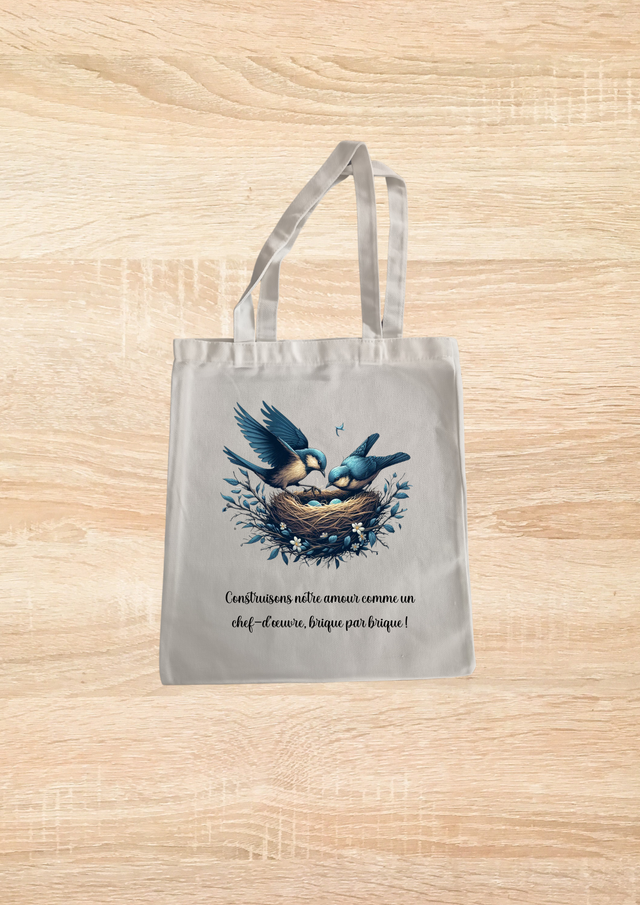 Sac fourre tout motif nid d'oiseau bleu