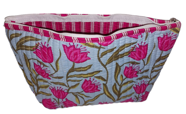 Trousse de toilette matelassée – Trousse de maquillage - Coton doublé fait main - Motif floral rose et bleu