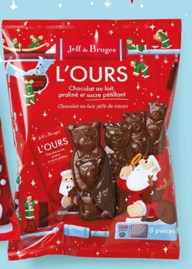 Sachet de 8 ours en chocolat au lait, praliné et sucre pétillant