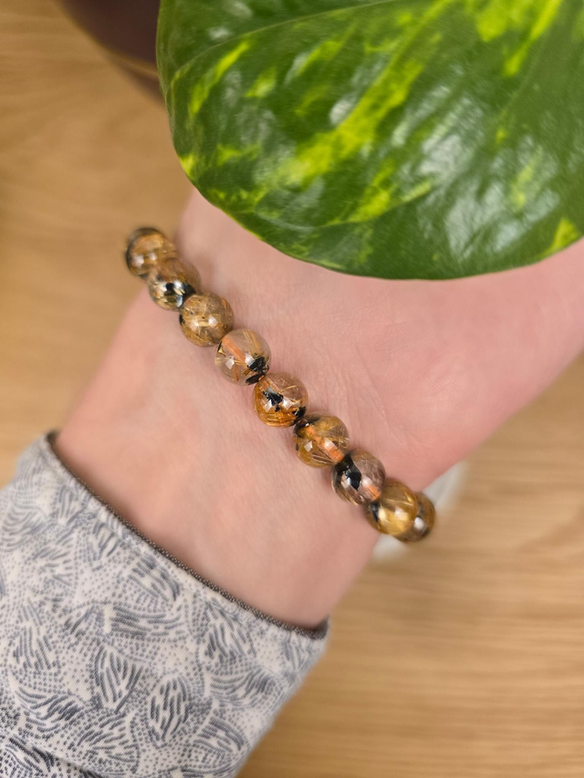 Quartz Rutile et Hématite - Bracelet avec perles de 9 mm 