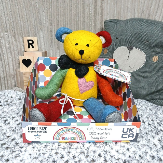 Rainbow. Large size. 100% wool felt, hand-sewn teddy bear. UKCA toy. Grey. Teal. Yellow. Blue. Pink. Green. Orange. Black. Grey. Red.