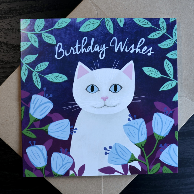 Night Angel White Cat Birthday Card
