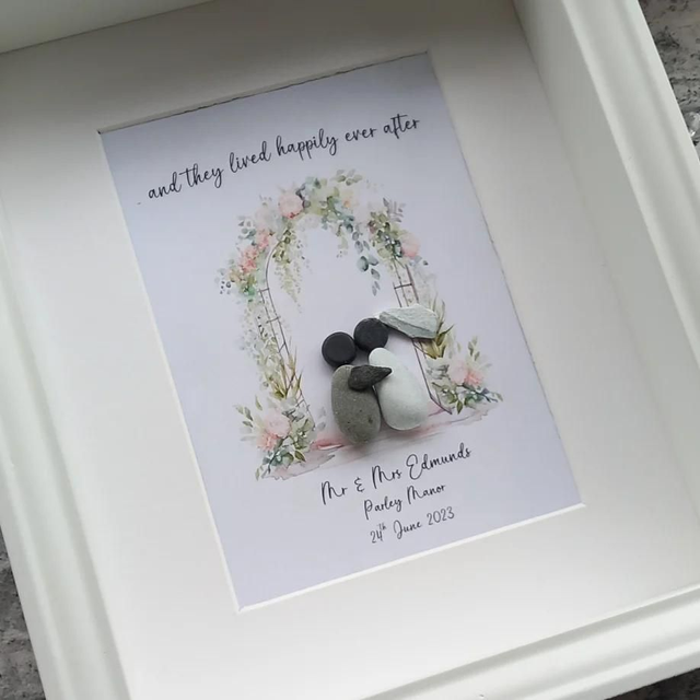 And they lived happily ever after, personalised wedding pebble picture 