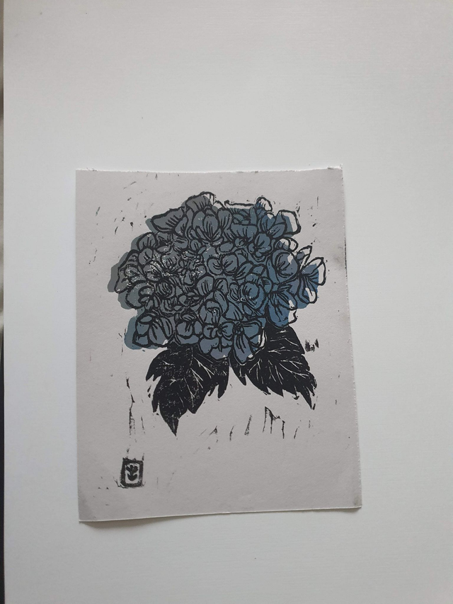 Blue Hydrangea Linocut Print