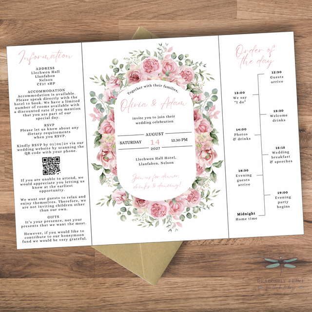 Gatefold Wedding invitation - Clara - pink roses, greenery and eucalyptus design