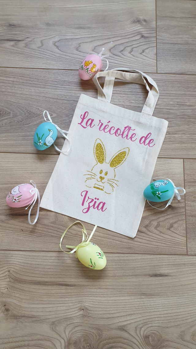 Sac de pâques lapin doré paillettes écriture rose 