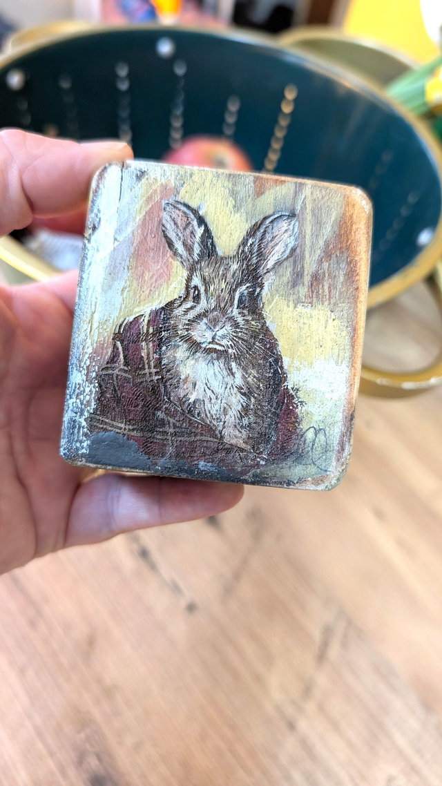Rabbit wrapped in a checked blanket - Tealight Holder Reclaimed Wood