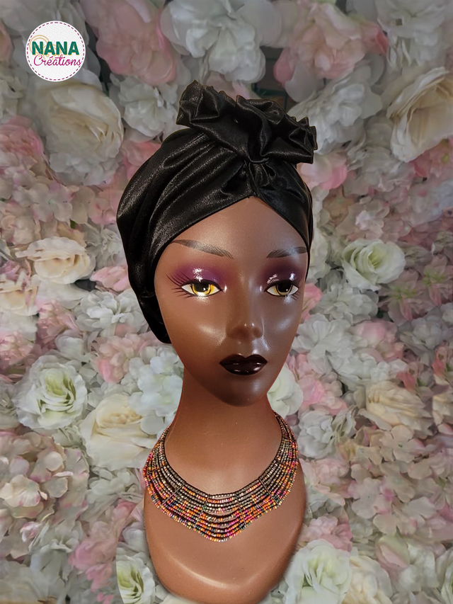 Turban Bonnet Satin à enfiler | Noir | Fait main