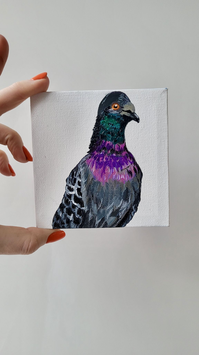 Original Mini Canvas Painting – Hand-Painted Canvas –  Pigeon Portrait